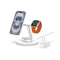 Belkin Caricabatterie wireless 3 in 1 con MagSafe, caricatore wireless rapida per iPhone (15 W) e per Apple Watch, stazione di ricarica per iPhone 15, 14, 13, 12, Apple Watch e AirPods – bianco