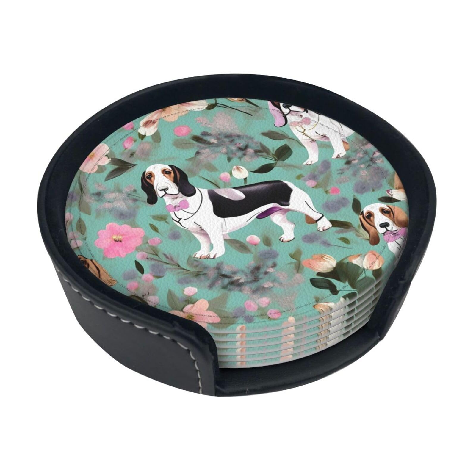 Sweet Basset Hound Florals Print Round Coasters Set Of 6,Coaster For Tabletop Protection Home Bar Decor