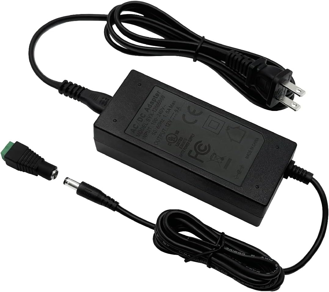 HAMRVL 12V 5A Power Supply Adapter Regulated AC 100-240V to DC 12V Transformer for FCOB WS2811 COB LED Strip Lights CCTV Camera Monitor with 5.5 x 2.1mm Tips, Genuine 12V Lighting Converter, US Plug