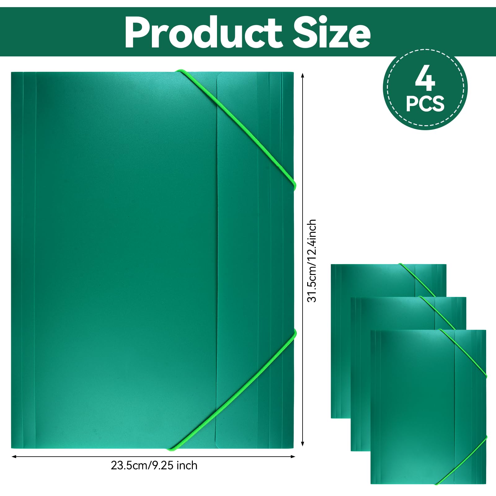 Lot De 4 Chemises Plastique A4 à Rabat élastique - 31,5x23,5 Cm, Matériau PP, Couleur Vert Pin