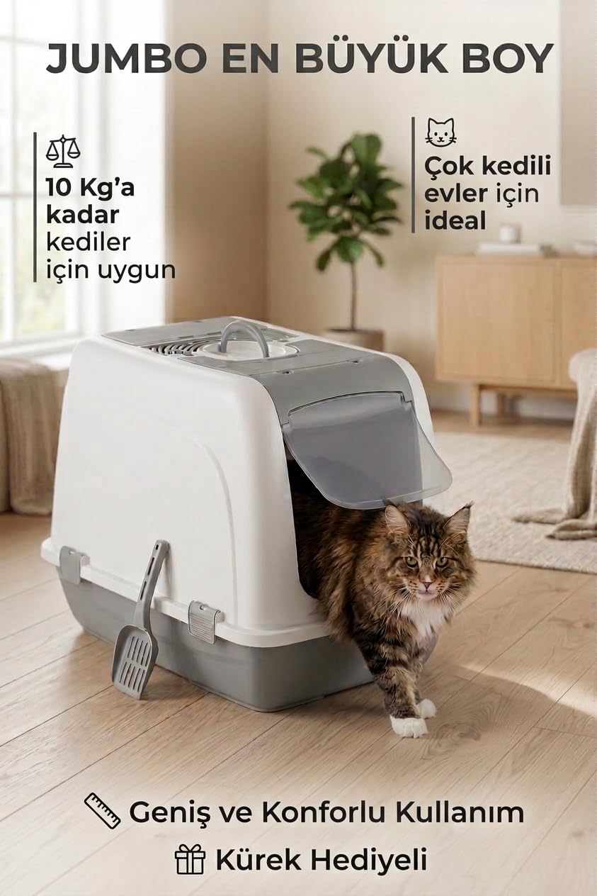 Jumbo Kedi Tuvaleti 46x66x52 cm, Filtreli, Kum Küreği Hediyeli - VN11102