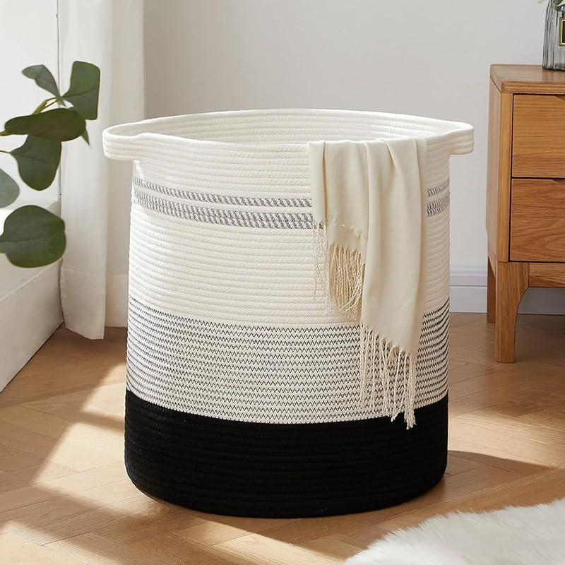 Image of Storage Rope Laundry Hamper Basket for Clothes, Towels and Blankets in Livingroom, Bedroom, Laundry Room and Basket for Nursery Storage (Size - 14 inch x 14 inch x 18 inch) (Black White Stripe)
