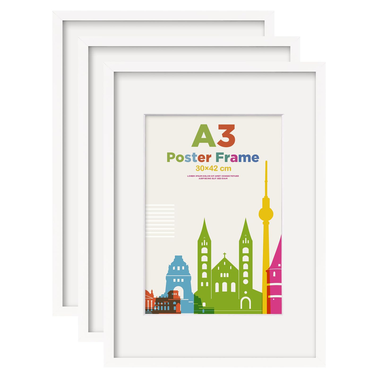 EGOFINE A3 Picture Frames, A3 Frame Display A4 with Mat Covered by Plexiglass, A3 Photo Frame for Wall Mounting, White, 3Pcs
