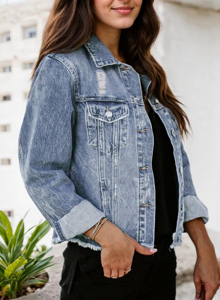 Kedera Womens Denim Jacket Distressed Frayed Ripped Jean Jacket Casual Button Down Light Jackets with Pockets - Image 3
