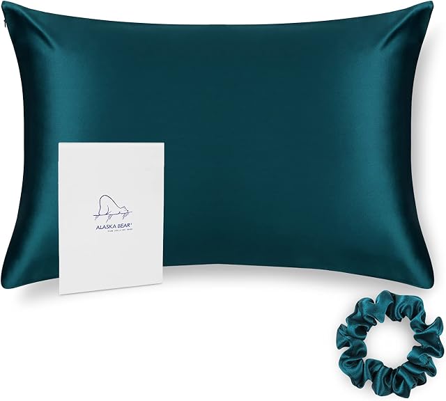 ALASKA BEAR 100% Mulberry Silk Pillowcase, Both Sides Silk Hypoallergenic Pillow Case Cover for Hair and Skin Wellness UK Standard Size 50x75 cm Hidden Zipper (1pc, Turquoise)