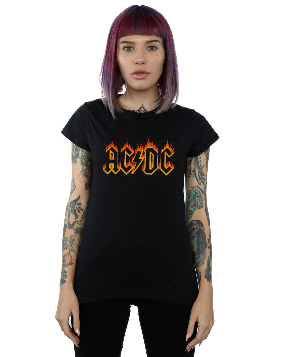 Absolute Cult Women's Black Ac/Dc Flames Logo T-Shirt Medium