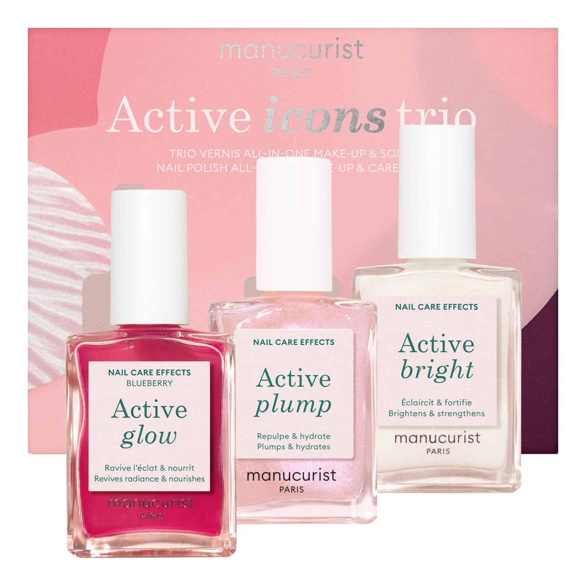 Set Regalo Unghie Manucurist Active Icons Trio - Smalti Active Glow Blueberry, Shine, Plump - Trattamento illuminante e cura - Smalto Rinforzante Unghie - Cofanetto Regalo Donna - Regali Donna