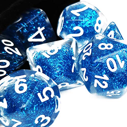 Haxtec Glitter DND Dice Set 7PCS Polyhedral D D Dice for Roleplaying Dice Games as Dungeons and Dragons-(Blue Glitter)