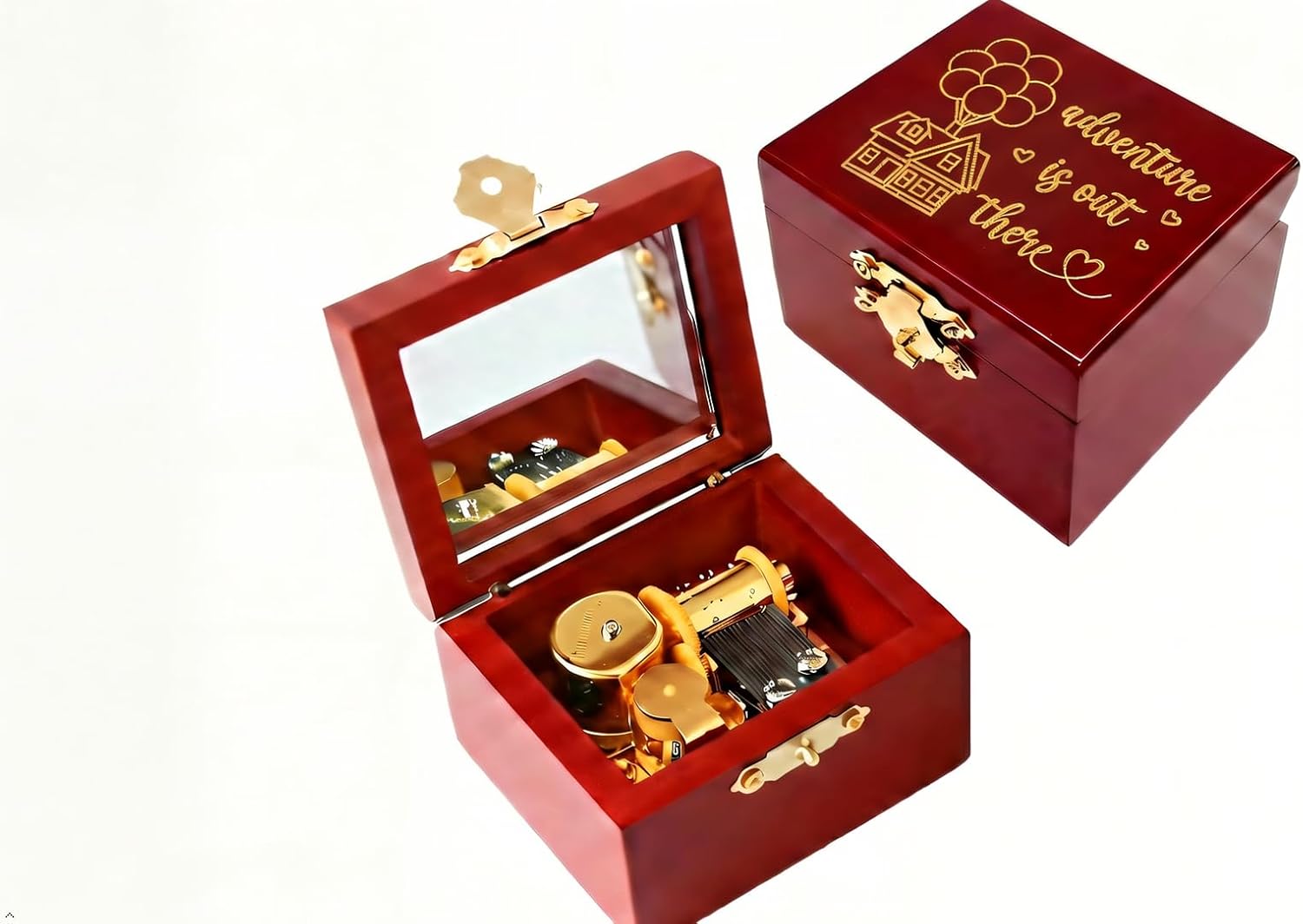 Carved Wooden Music Box with Mirror and Lock – Wind-Up Mechanism Plays "Married Life" Song – Mini Musical Gift for Christmas, Birthday, Valentine's Day – Small Keepsake Box (Gold movement, Image3)