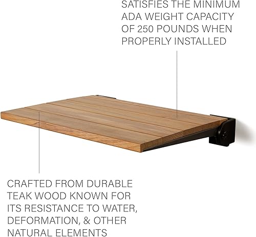 Miniatura 4 de Seachrome Asiento de ducha plegable Silhouette Slimline de 18 pulgadas, para montaje en pared, madera de teca natural con marco negro mate