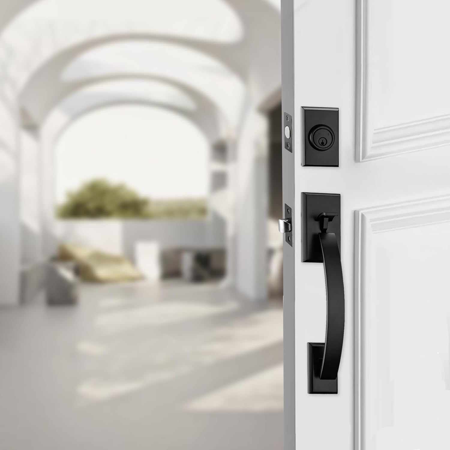 Front Door Handle with Deadbolt Lock, Black Door Handleset with Door knob for Front Door, Exterior Door Lock Set