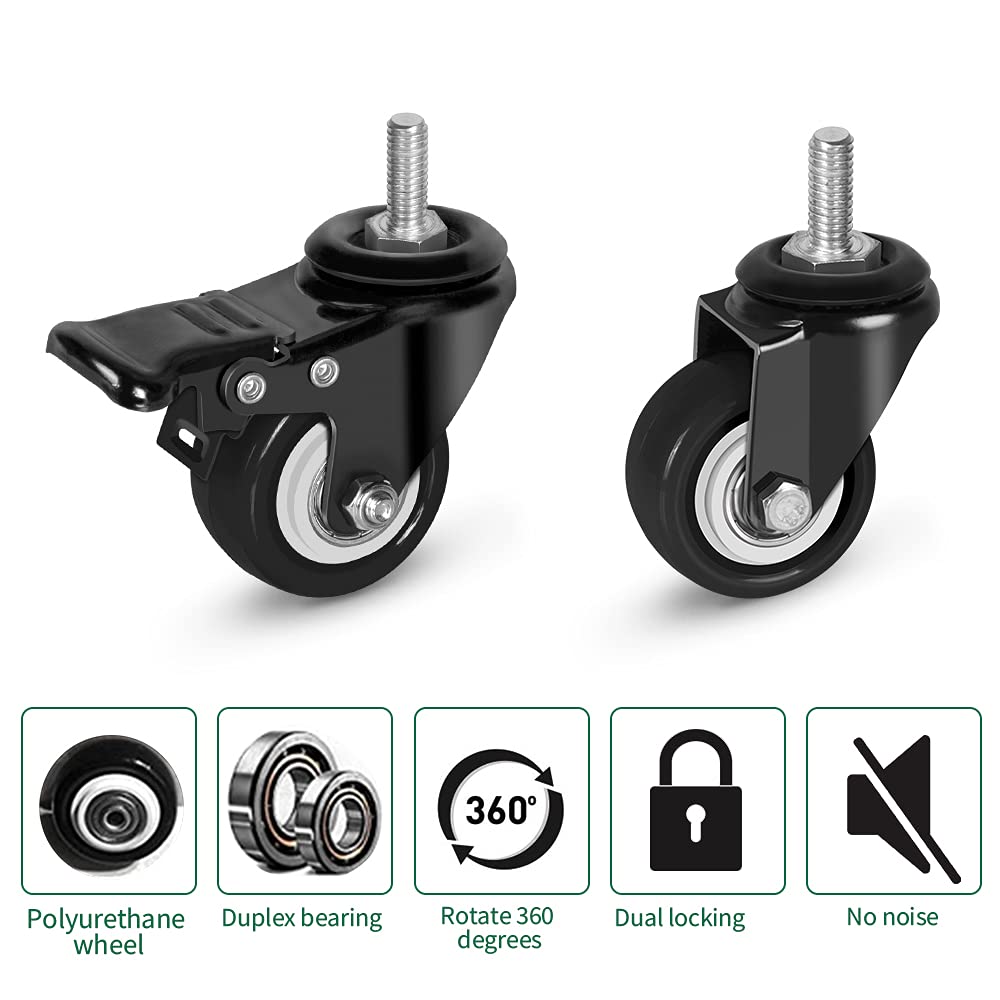 2'' Casters with Brakes and Hex Nuts, 5/16”-18x1” Threaded Stem M8, Set of 4, (only 2 Casters Have Lock), Heavy Duty Swivel Stem Caster Wheels for Carts Furniture Trolley DIY Stands