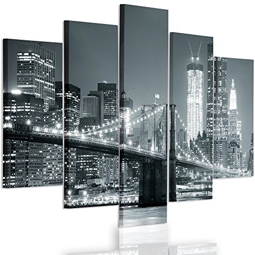 Feeby Frames, Cuadro Grande, Cuadro en Lienzo - 5 Partes - Cuadro impresión, Cuadro decoración, Canvas XXL, Tipo A, 250x120 cm, Puente, Ciudad, Noche, Nueva York, Puente Brooklyn, Blanco Y Negro