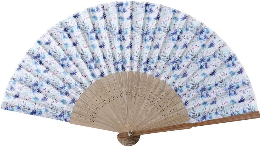 HeyToo Women Pretty Hand Fan Bamboo Printed Pattern Folding Fan Wedding Party Themed Anniversary Accessory Blue Flower image 5