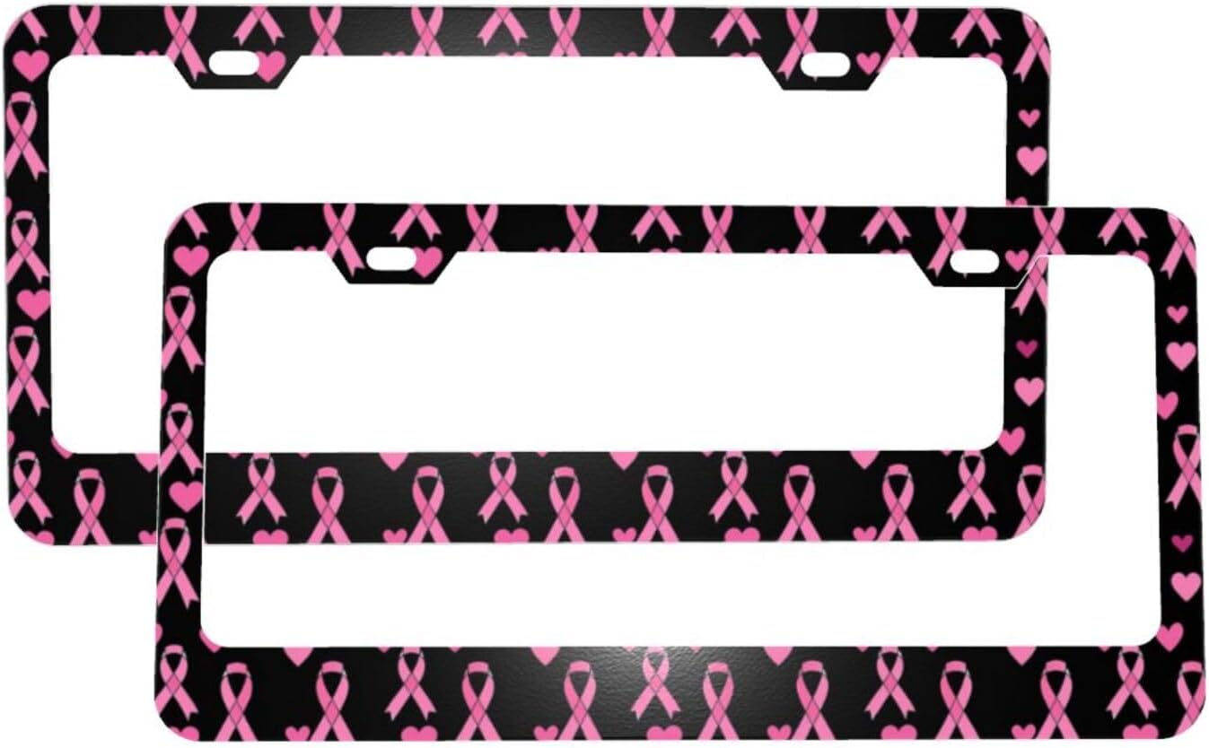 Pink Breast Ribbons Matte Aluminum License Plate Frame with Black Screw Caps，2pcs 2 Holes Black Licenses Plates Frames,Car Licenses Plate Covers Holders for Us Vehicles/Women/Men