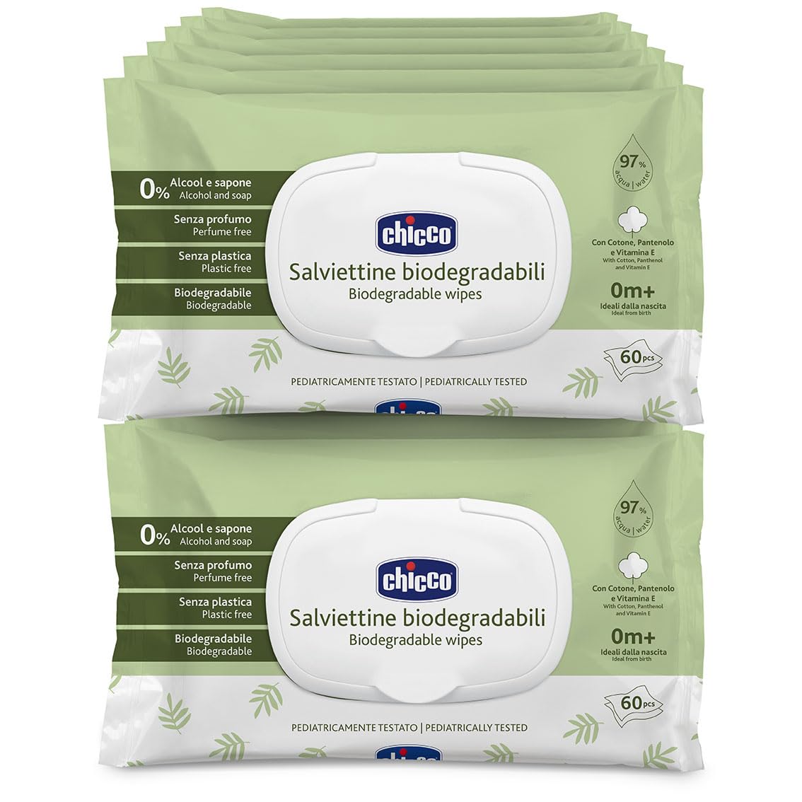 Chicco Salviette Neonato Detergenti Multiuso Biodegradabili, Senza Alcool, Adatte per Pelli Sensibili, con Fibre Naturali, Megapack da 720 Salviette, 12 Confezioni da 60 Salviettine
