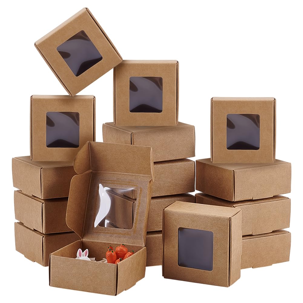 PH PandaHall 30pcs Brown Gift Box Mini Paper Boxes with Window Small Aircraft Boxes Square Cardboard Box for Gift Packaging Wedding Birthday Party Favors Small Business, 5.5x5.5x2.5cm