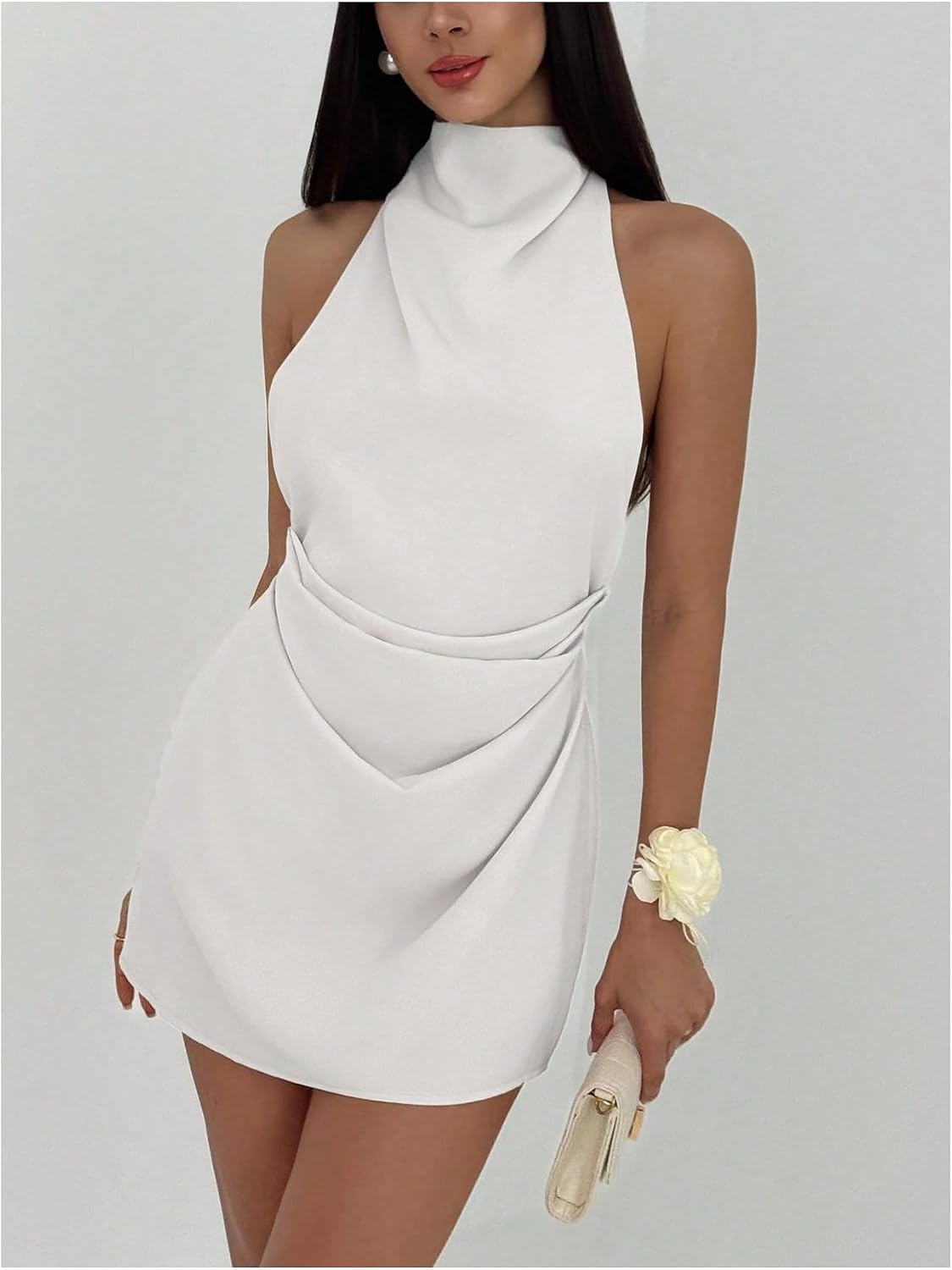 SOLY HUX Women's Satin Ruched Halter Tie Backless Bodycon Mini Dress image 3