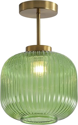 KCO Iluminación vintage de cristal verde semi empotrado lámpara de techo oro cepillado montaje empotrado lámparas de techo lámparas de mediados de