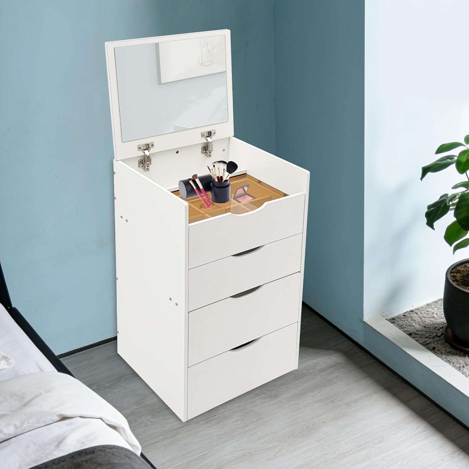 3 in 1 Vanity Desk with Flip Top Mirror, Small Compact Vanity with Visible Glass Desktop&Cushioned Stool, Makeup Vanity Set with 3 Drawers for Bedroom Cloakroom (Cream White)