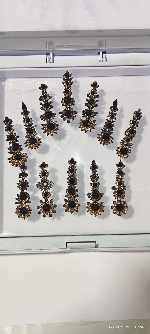 12 Bindi Box Long Crystal Bindis Bridal face Jewels Forehead Tika (With Extra Crystal Stones) | wedding makeup party event body art temporary tattoo Indian Bindi for women (Black) by ATCUSA - Used condition - Image 7