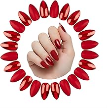 HEAVEN® 24pc Set Of Long French Artificial Nails Full Nail Extension With Nail Attached Glue (12 Matte+12 Shiny) (Red)