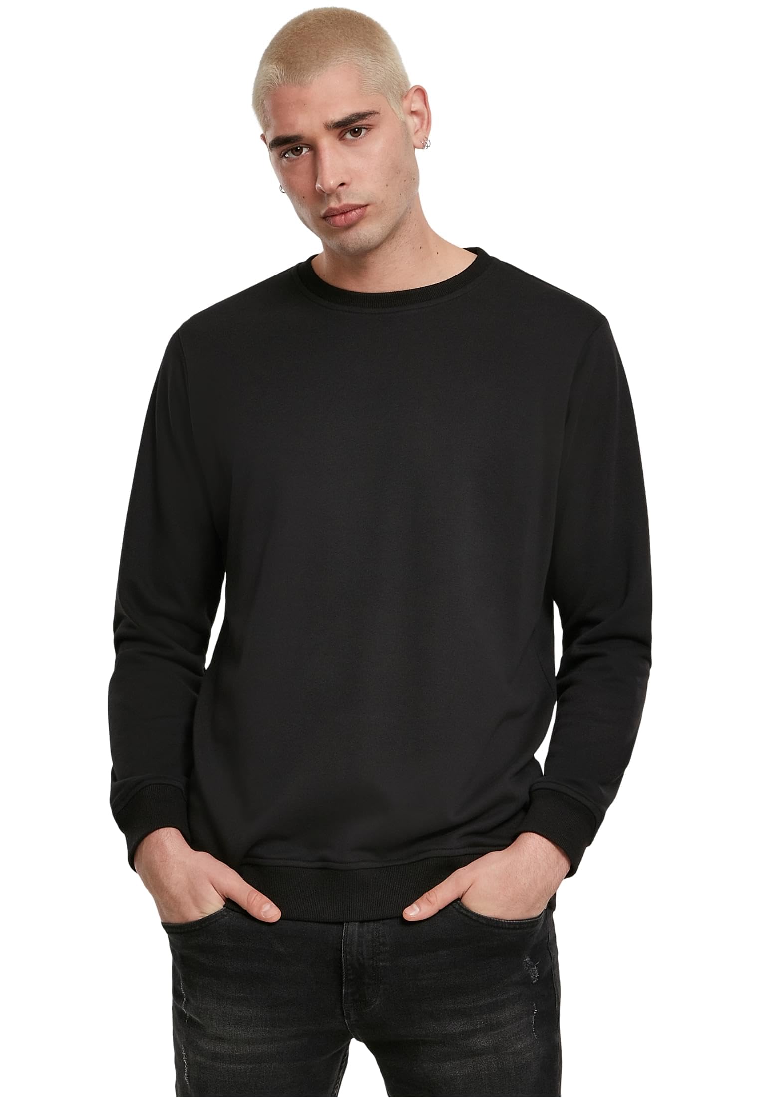 Urban Classics Basic Terry Crew Sweatshirt – Basic Langarm Crewneck Pullover (Schwarz, M)