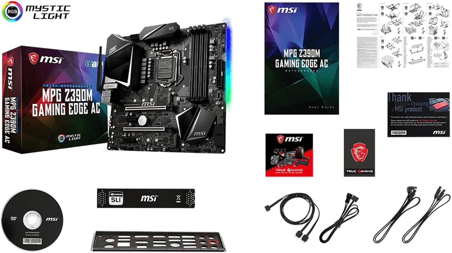 Contents of the MSI MPG Z390M Gaming Edge AC Motherboard box