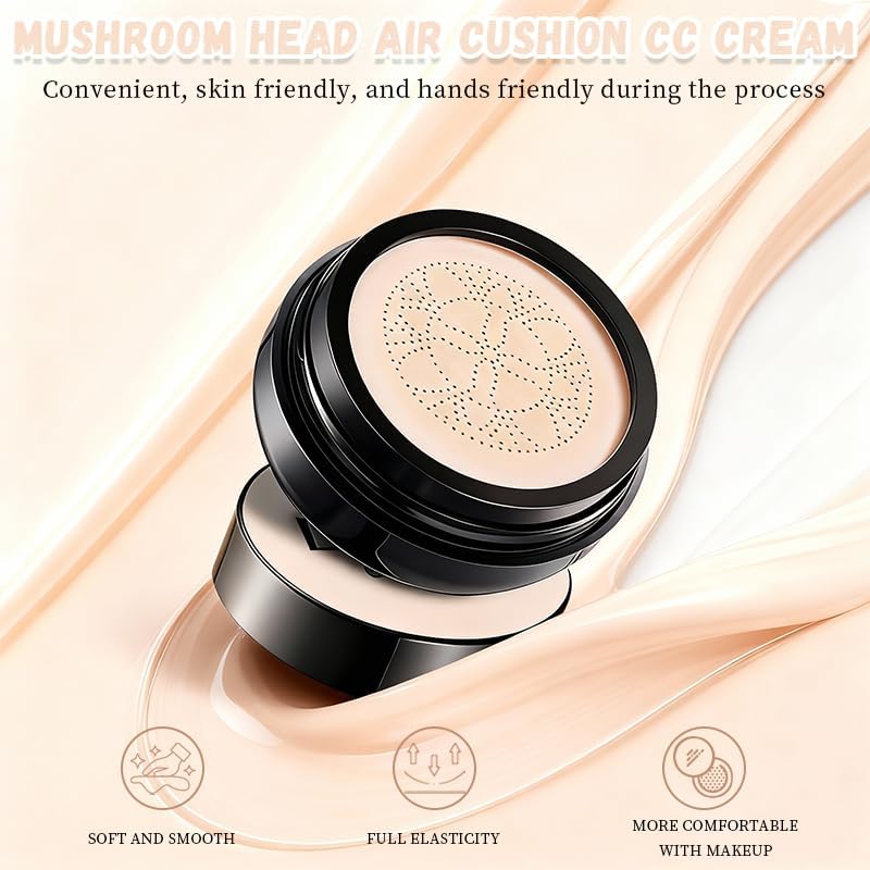 Hush Foundation for Mature Skin – Warm Tone CC Air Cushion Foundation, Full Coverage Long-Lasting BB Cream with Mushroom Applicator, Natural Radiant Finish - Image 7