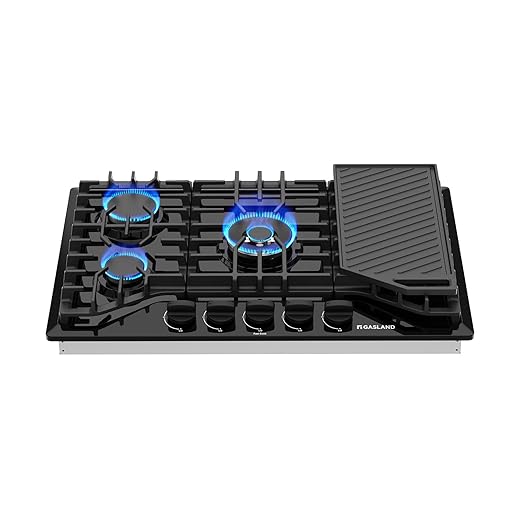 GASLAND 30 Inch Gas Cooktop with Griddle Black, PRO GH3305EF Gas Stovetop with 5 Burners, Reversible Cast Iron Grill/Griddle, Plug-in, NG/LPG Convertible, 120V Black, CSA certified