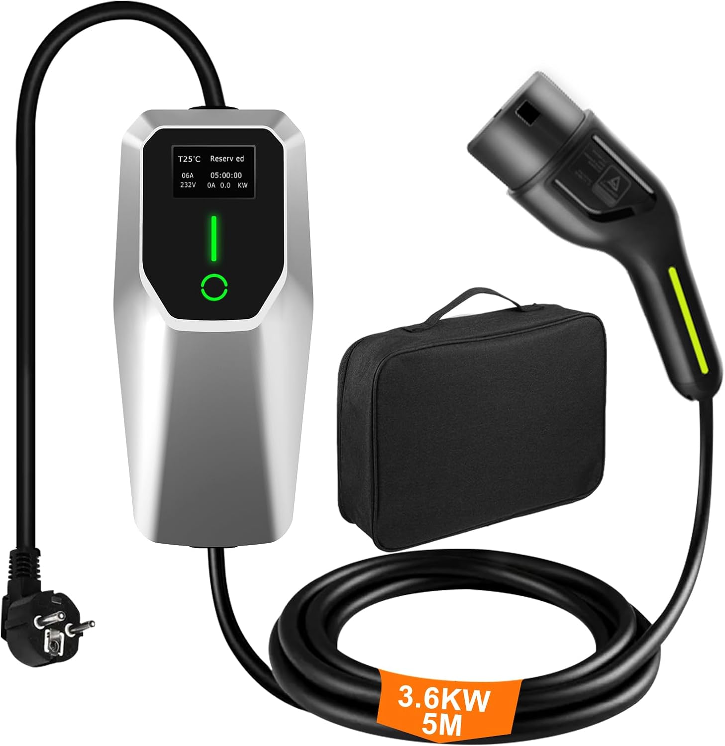 Hexinex Electric Car Charger, Type 2 3.6KW EV Charger with Switchable Current 8A-16A, with Display, Timed Charging, Accepts 220V Domestic Voltage, Electric Car Charging Cable, 5 Metres