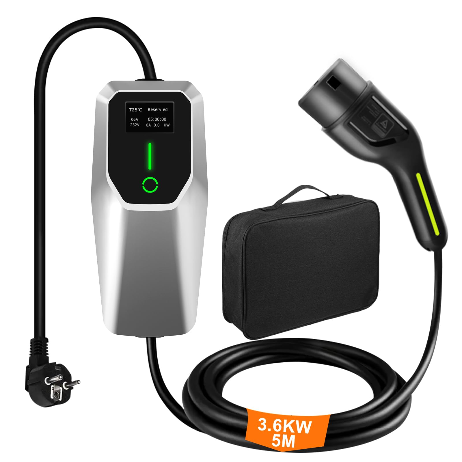 Cargador Coche Eléctrico, Cargador EV Tipo 2 de 3.6KW con Corriente Conmutable 8A-16A, con Pantalla, Carga Temporizada, Acepta Voltaje Doméstico 220V,Cable Carga Coche Electrico, 5 Metro