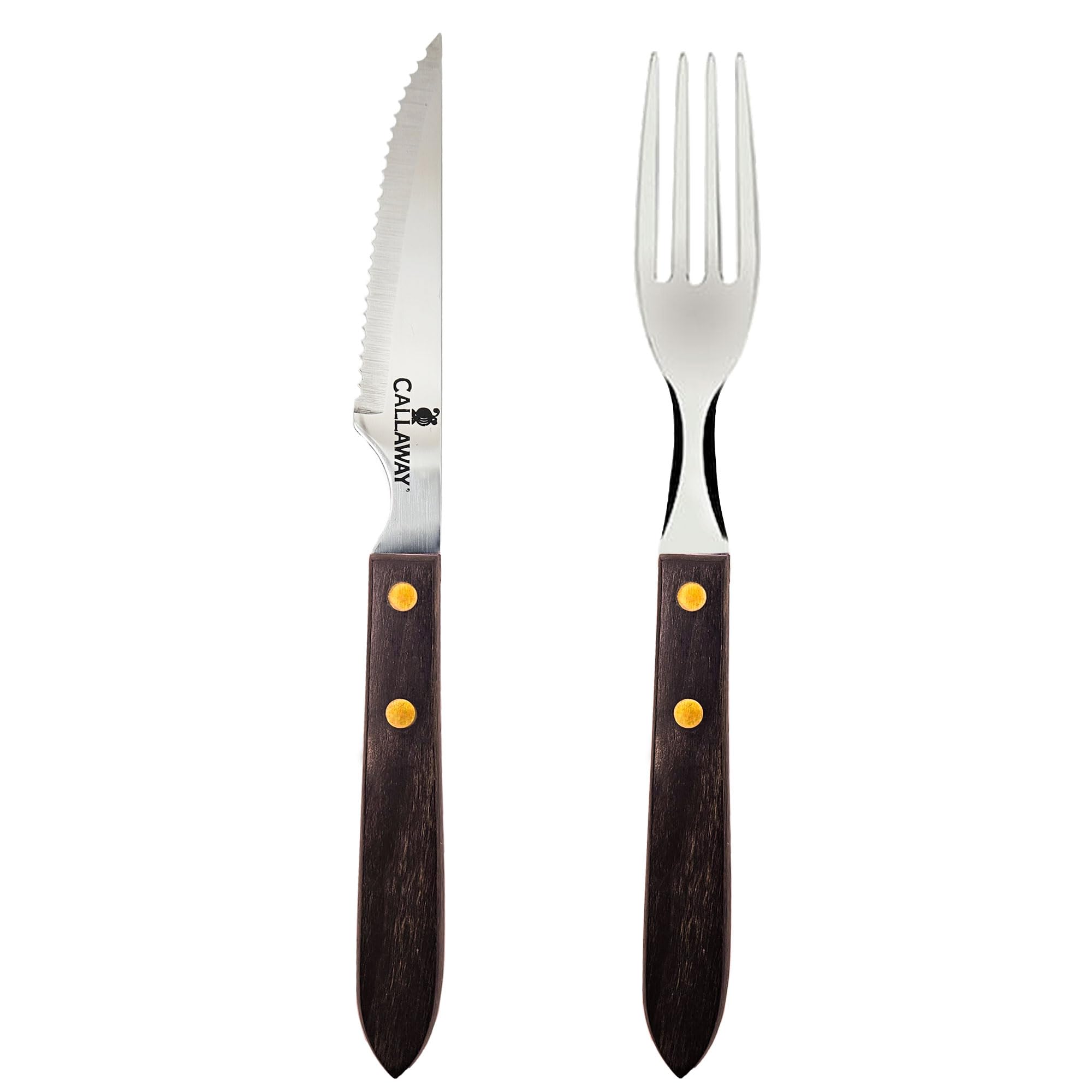 briebe Juego de Cubiertos Mango Madera Acero Inoxidable, Cuchillos Carne Mesa, Hoja Sierra, Tenedores, Set 12 Piezas, 6 Personas, Apto Lavavajillas, Hogar, Camping, Hoteles