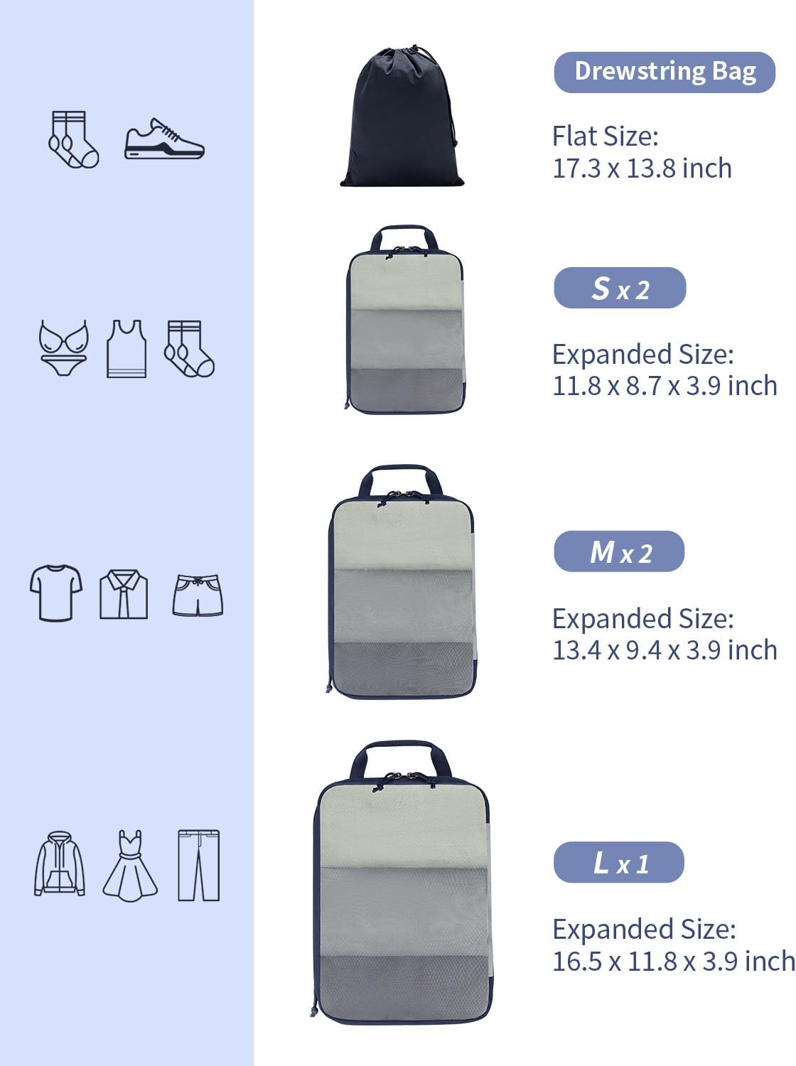 ECOHUB 6 Set Compression Packing Cubes, Lightweight Cruise Ship Vacation Travel Essentials, Durable Travel Accessories for Suitcase Luggage Organizer Bags Set with YKK Zippers Shoe Bag, Dark Blue - Image 4