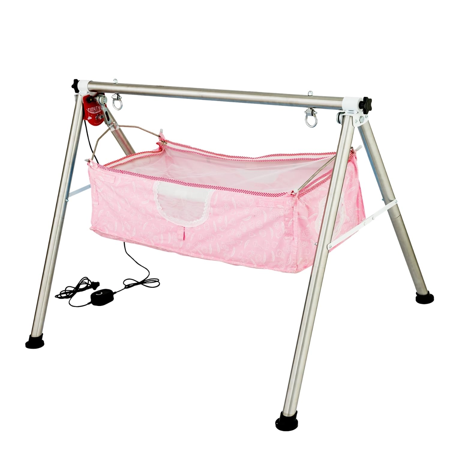 TINYTYKE Automatic Cradle for Baby - Electric Swing w/Adjustable Speed - Semi-Foldable Frame with Pink Cradle Cloth Mosquito Net - Baby Palna/Jhula for Kids of 0 to 3 Years - Carry Upto 20kgs