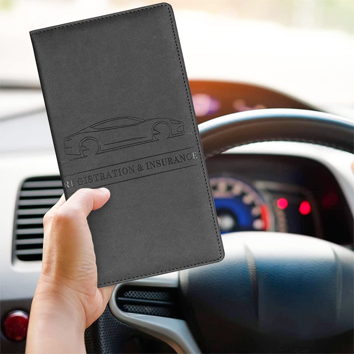 JNNJ Funda protectora para guantera y soporte de documentos, autorización de coche, piel sintética, organizador para documentos importantes (negro)
