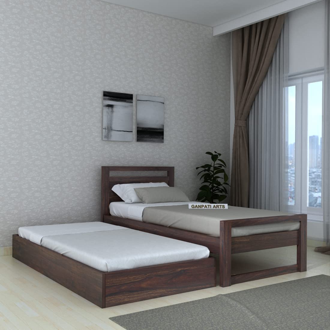 Ganpati Arts Sheesham Wood Rio Single Size Bed with Trundle Wooden Bed Furniture with Storage for Living Room Home (Walnut Finish)
