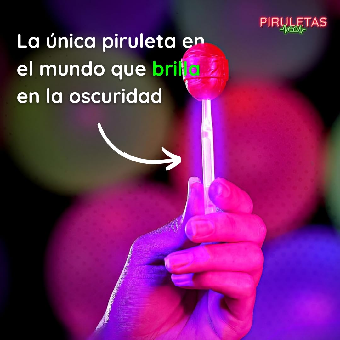 Piruletas Neón – Pack 24 | Piruleta luminosa con palo fluorescente que se activa al doblarlo | Sabores Manzana, Cereza y Mora | Ideal para fiestas, bodas, discotecas y eventos