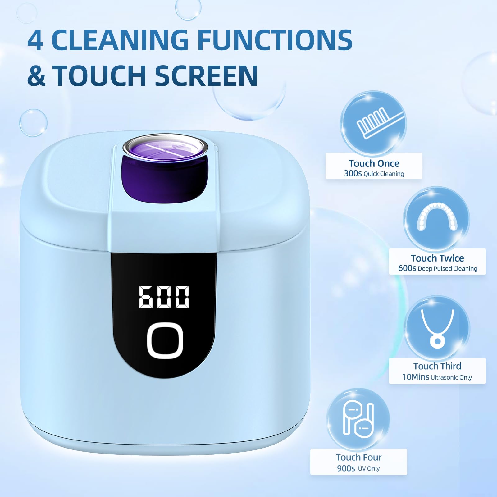 Ultrasonic Retainer Cleaner Machine, Upgraded 45kHz Ultrasonic Cleaner for Mouth Guard Braces, Night Guards, Toothbrush Heads & Jewlery with 200ML, 4 Modes and Digital Timer Dental Cleaning Pod - 3