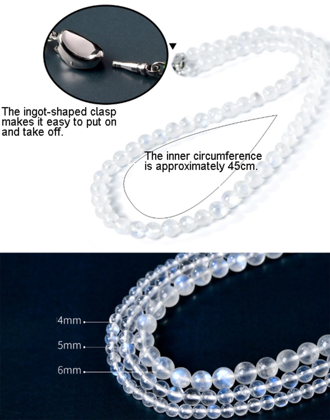 Collar de Cuentas de Piedra Lunar Azul para Mujeres y niñas, Collares de Piedras Preciosas Naturales, Collares Bohemios de Verano para la Playa, joyería de Moda con Cuentas,5mm