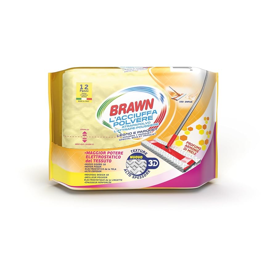 Brawn Acciuffapolvere Legno e Parquet, Tessuto in Texture 3D ad Alto Spessore con Maggiore Potere Elettrostatico, Profumo Armonie di Miele, Confezione da 12 Panni