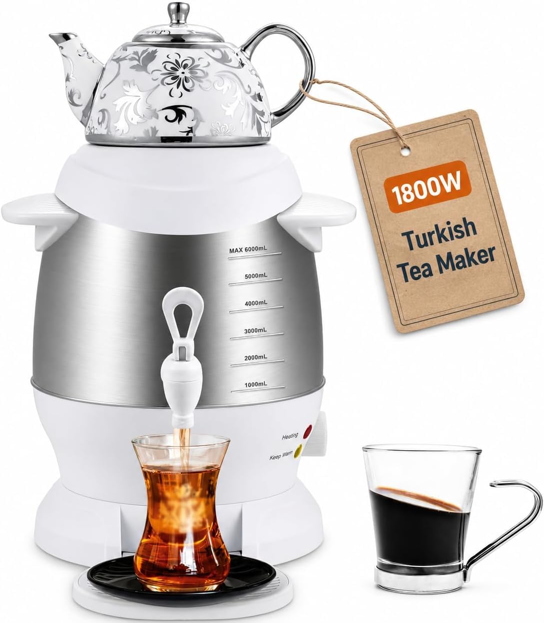 Tetera eléctrica turca de 5 litros con olla de cerámica de 1 litro, hervidor y tetera de acero inoxidable de 1800 W, apagado automático, función de mantener el calor para oficina en casa