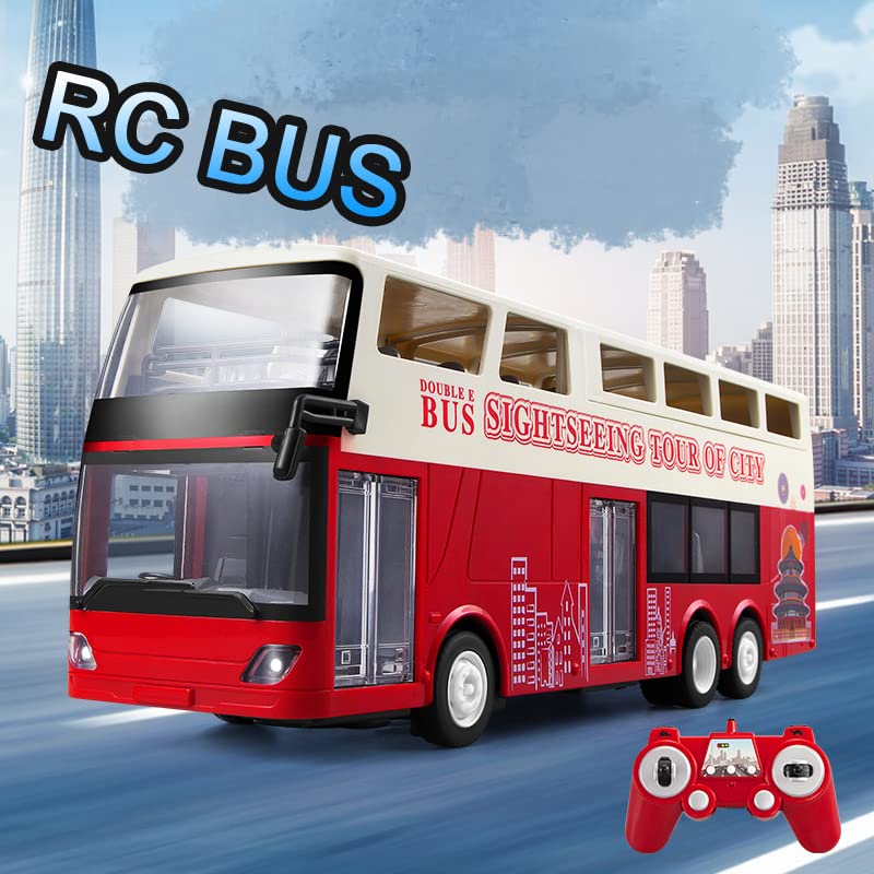 Remote Control Double Deck Sightseeing Bus 1:18 Scale 4wd Multi-Function with Sound and Light for Children Boys