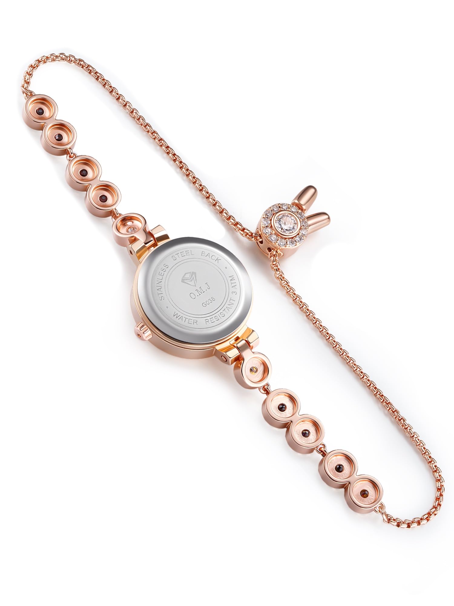 O.M.J Reloj para mujer de oro rosa con esfera de nácar y piedra natal con detalles de cristal