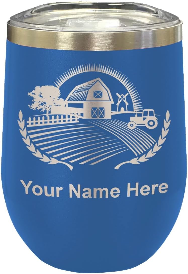 LaserGram 16oz Double Wall Stainless Steel Wine Glass Tumbler, Farm, Personalized Engraving Included (Black)