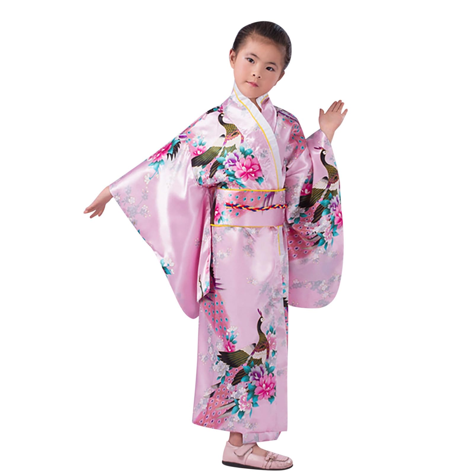 Générique Kimono Japonais Enfant Deguisement Chinoise Fille Imprimé Peignoir Long Robe Chinoise de Chambre Fille Gamins Traditionnel Classique Soie Tissu Peignoir Mariage Fête Performance Robes