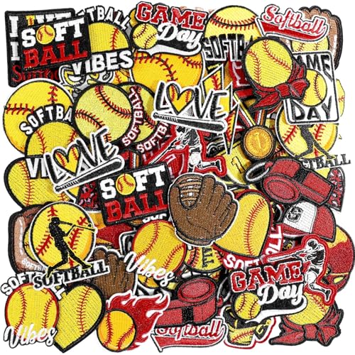 HunnmingRe 72 Pcs Softball Iron on Patches Chenille Embroidered Iron on Hat Patch 36 Style Sport Appliques for Trucker Hat Cap Clothes Backpack Pants Jeans DIY Crafts