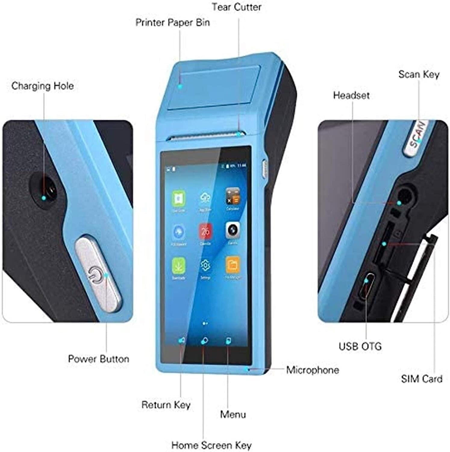 HSF Lettore di codici a barre Scanner di codici a barre portatile, stampante for ricevute terminale pos con schermo da 5,5 pollici