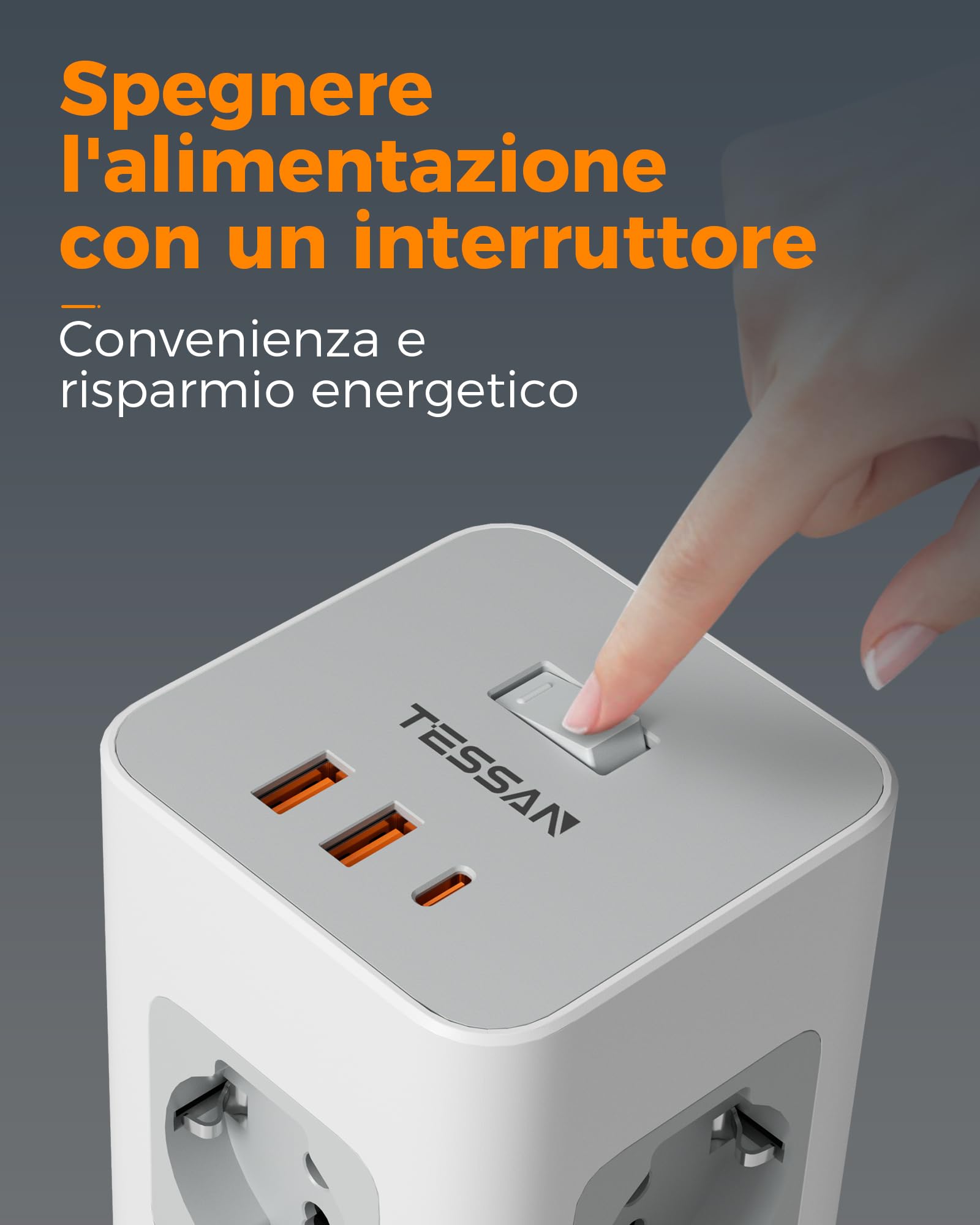 TESSAN Ciabatta Multipresa con USB 20W, Ciabatta Elettrica con 8 Prese IT 16A, Torretta Multipresa Protezione Sovratensione con Interruttore e Prolunga Elettrica 2 Metri, 3680W Presa, Girgio