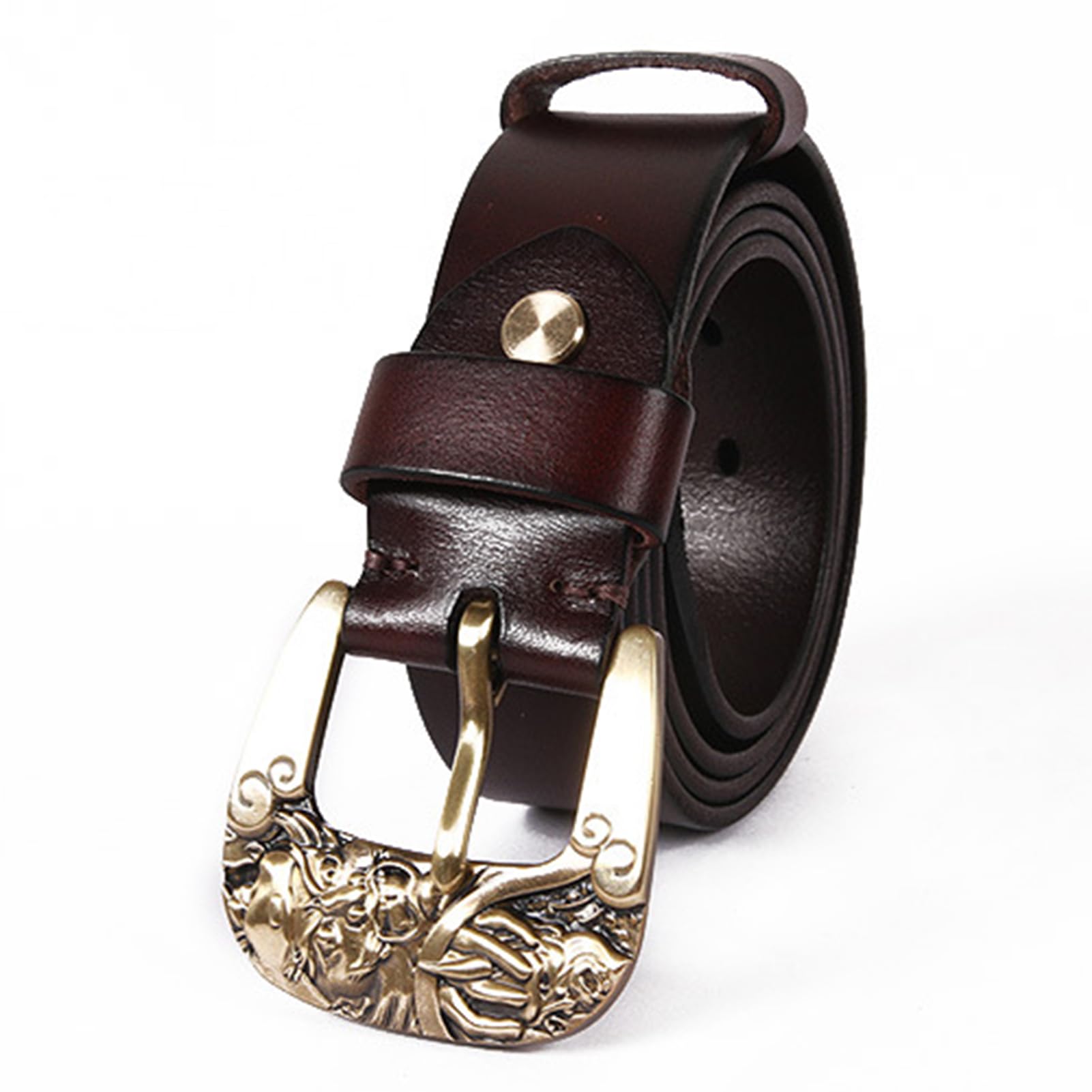 Echter Leder-Gürtel Herren Damen 3.8cm Breit, Ledergürtel Handgemacht Vollrindleder Riemen Gürtelschnallen Mit Schnitzen Golden Metall Dornschnallen(100cm/39, Coffee)